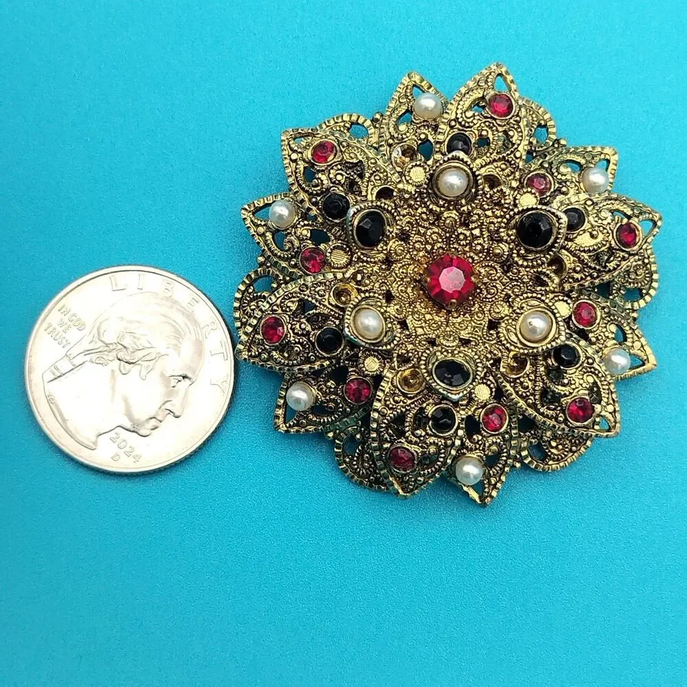 W. GERMANY Ornate Filigree Flower Brooch Pin 1.75